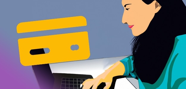 Vrouw vraagt debit card aan online